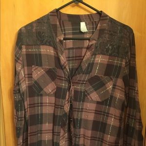 Black and purple plaid button down.